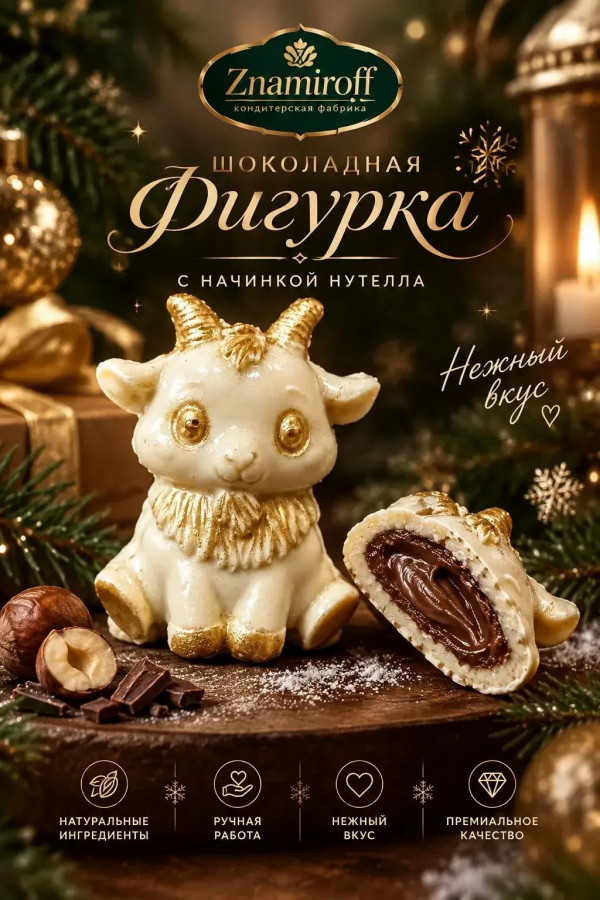 №1 Шоколад фигурный "Мультяшный козлик" белый шоколад с начинкой нутелла(блок 5шт по 70г) в Коркине